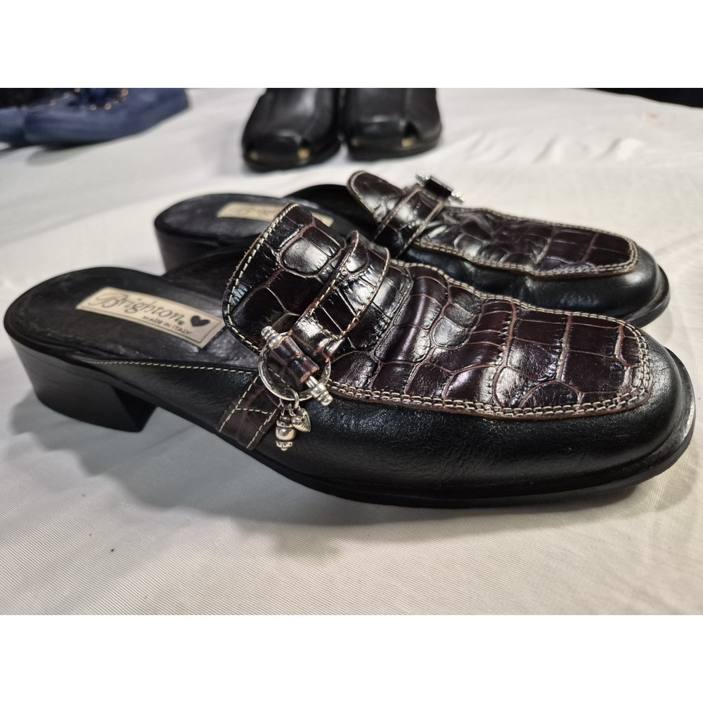 BRIGHTON BROWN / BLACK  Croc Print Mule Shoes 7.5 M Made In Italy